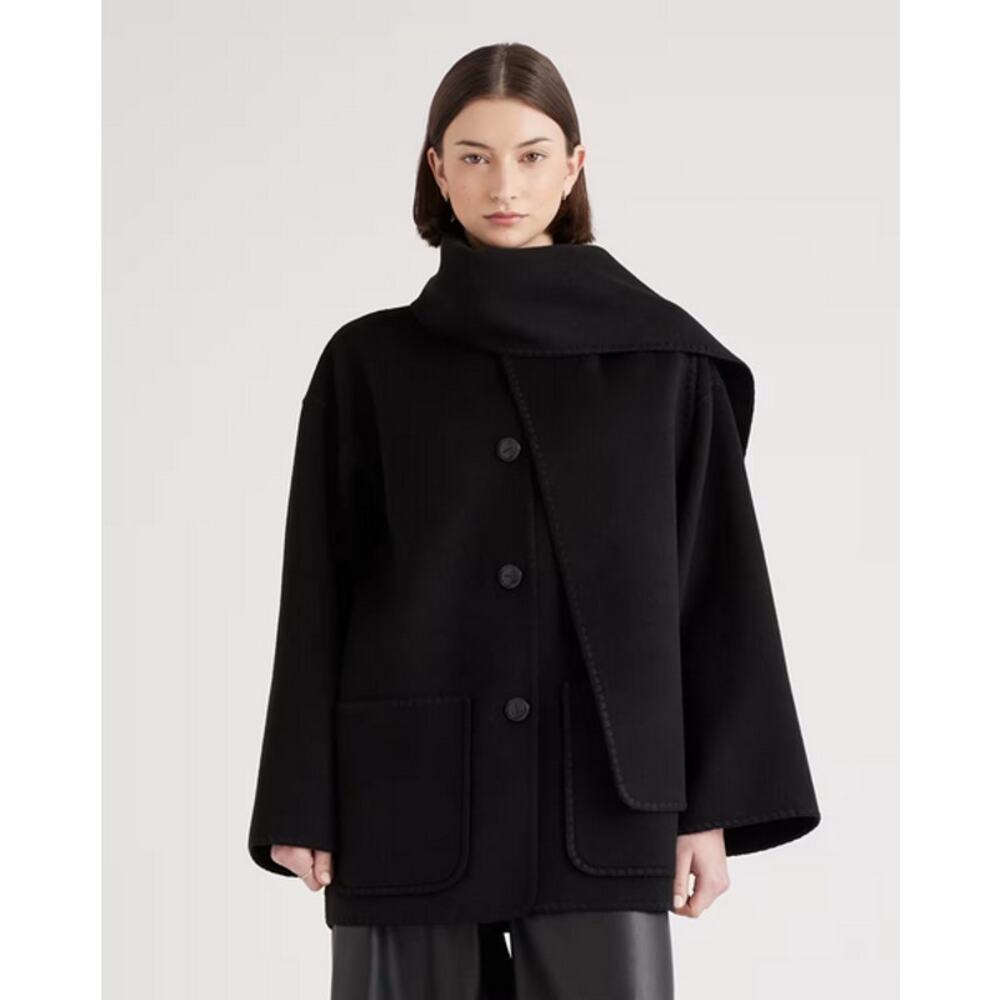 Quince Double-Faced Merino Wool Scarf Coat Black Large NWT